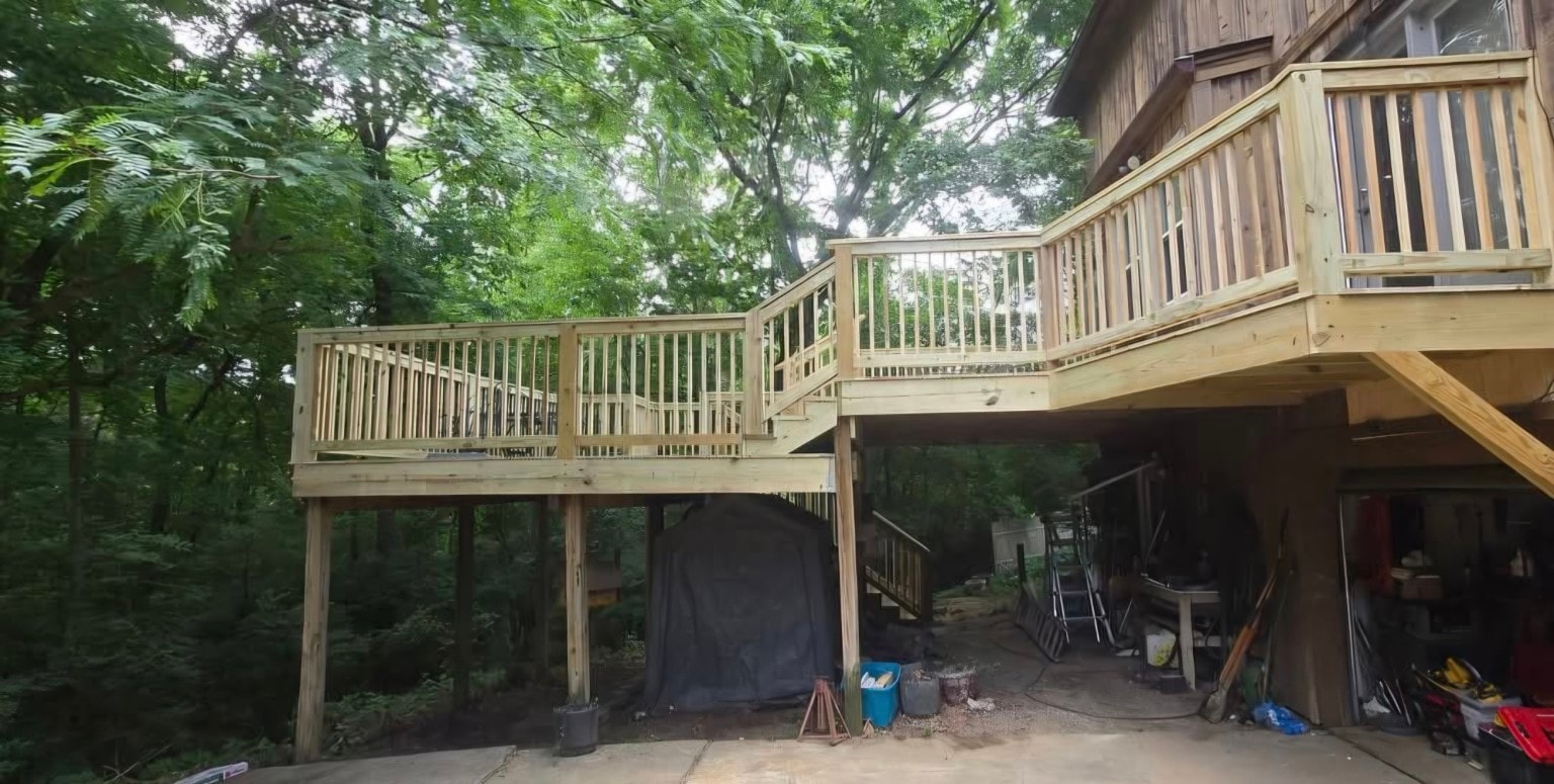 Multi-level wood deck resurfacing — completed wide view